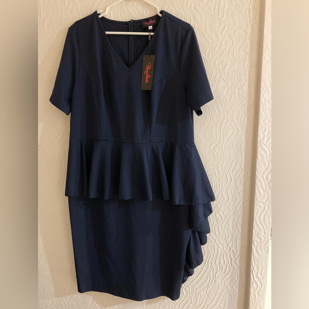 Asymmetrical Peplum V-Neck Dress in Navy